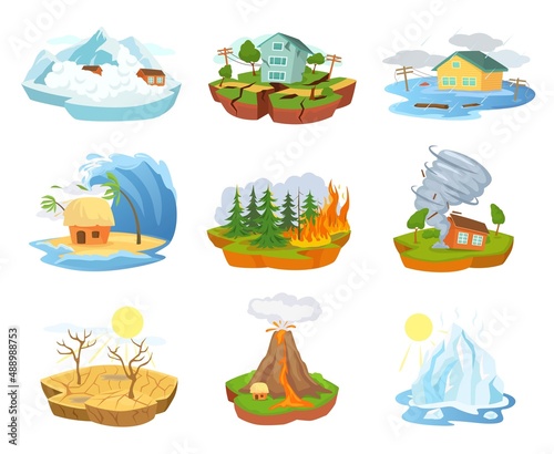 Fototapeta Naklejka Na Ścianę i Meble -  Cartoon natural disasters and catastrophes, extreme weather. Earthquake, flood, forest fire, hurricane, tsunami disaster vector set. Illustration of catastrophe disaster natural