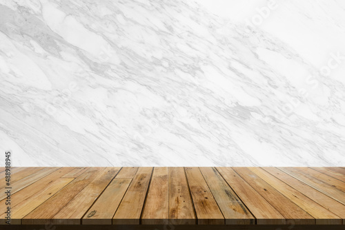 Nature wooden product table blank, Wood parquet floor top view and white tile marble wall background, Perspective for display banner.