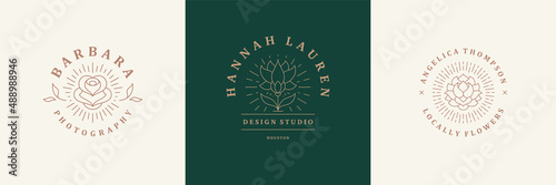Flower logos emblems design templates set with botanical plants and rose vector illustrations minimal linear style