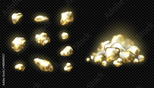 A set of various golden nuggets isolated, vector illustrations of pieces of native gold, a bunch of gold nuggets, a metaphor of godsend, luck or chance