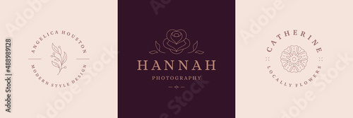 Flower logos emblems design templates set with botanical plants and rose vector illustrations minimal linear style