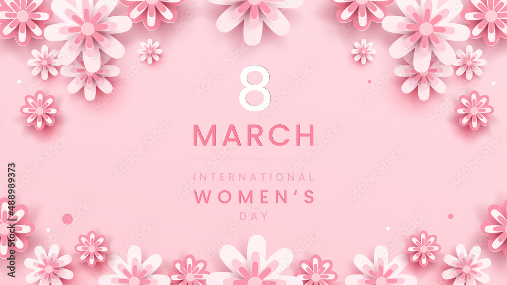 8 march background. International women's day floral decorations in paper art style with frame of flowers Greeting card on pastel pink tone. Vector illustration