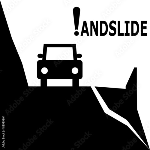 Beware of landslide natural disaster with car on travel street road warning sign black icon flat vector design.