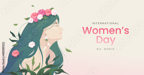 8 march background. International happy women s day. Portrait art of woman with rose flowers and leaves in nature. Vector illustration