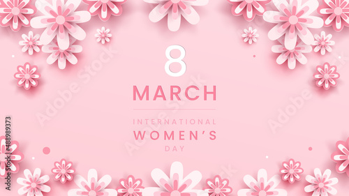 8 march background. International women's day floral decorations in paper art style with frame of flowers Greeting card on pastel pink tone. Vector illustration