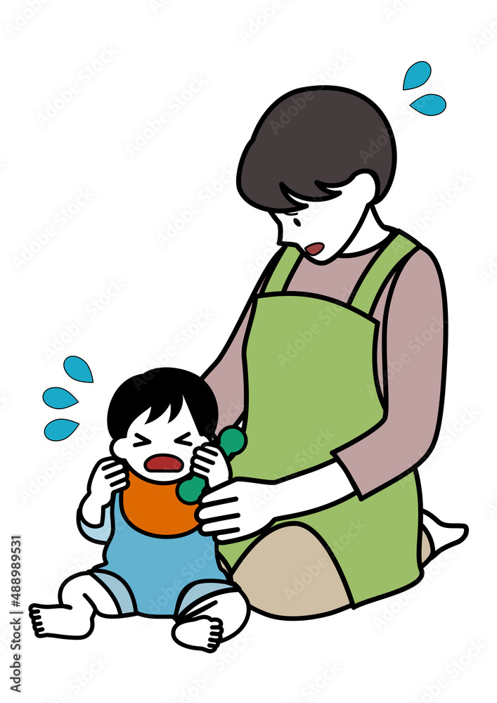 イラスト素材:泣くあかちゃんと、困った顔でであやしているエプロンをつけた女性 イラスト素材:泣くあかちゃんと、困った顔でであやしているエプロンをつけた女性