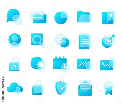 Finance and business glassmorphism style icons with blur effect. Digital marketing strategy transparent frosted glass icon vector set. Illustration of icon business strategy