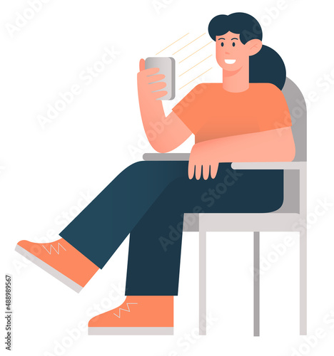 Concept of web social media phone addiction, new world of commutication. Dark hair young woman enjoying time with her phone relaxing in her chair. Vector flat illustration isolated white background photo