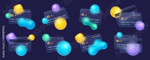Glassmorphism credit card, frosted glass bank cards with blur effect. Transparent matt plastic debit card with abstract shapes vector set. Illustration of payment card glass template