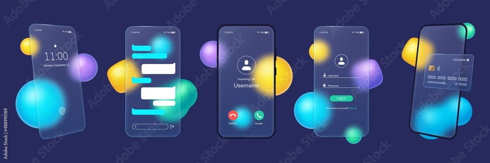 Glassmorphism smartphone, transparent glass plates with mobile app ui. Frosted glass phone screen with blurred abstract shapes vector set. Illustration of glassmorphism smartphone