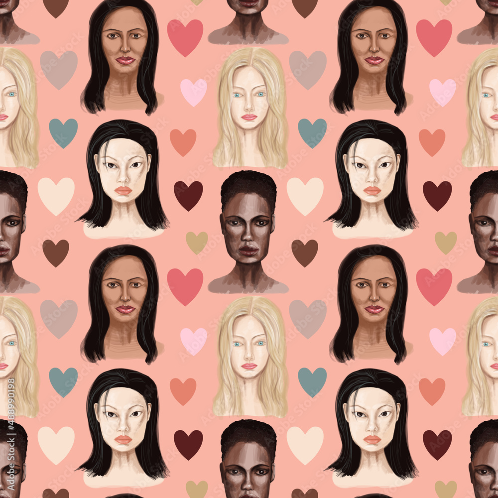 Seamless pattern portraits of women of different races pink background Seamless pattern portraits of women of different races pink background