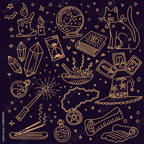 Magic doodle set. Liniar illustration gold black background. Vector illustration. Cat, magic orb, spell book, magic wand, amulet, balm, healing crystals, scroll, sand watch, magic hat, potion, tarot photo