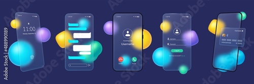 Glassmorphism smartphone, transparent glass plates with mobile app ui. Frosted glass phone screen with blurred abstract shapes vector set. Illustration of glassmorphism smartphone