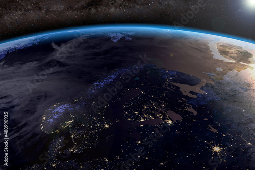 Night view of Nordic Europe on Earth, close up photo of world from space, Norwegian and Barents Sea, Norway, Finland, Sweden, Moscow, horizon, selective focus. Elements of this image furnished by NASA