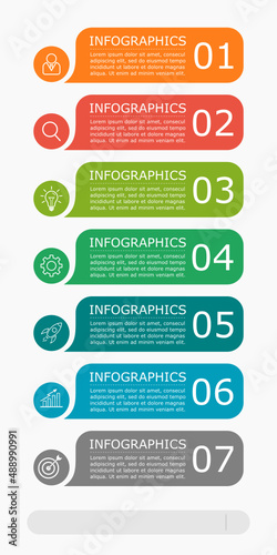 Business infographic Vector with 7 steps. Used for presentation,information,education,connection,marketing, strategy,technology,learn,creative,growth,stairs,idea,flow,mobile,smartphone,phone,work.