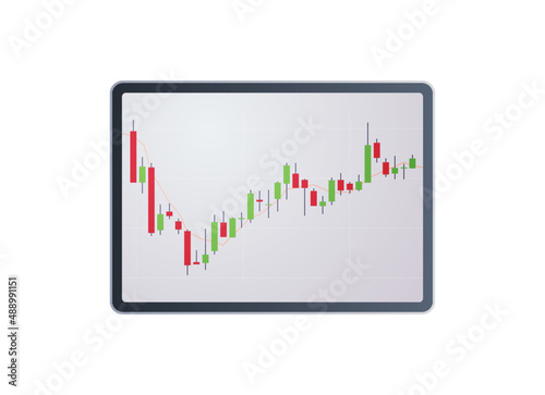 Analyzing falling down and stock market trading graph candlestick chart on tablet flat vector illustration. 