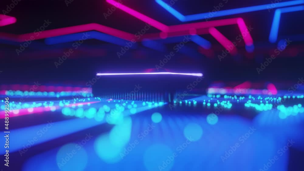 3d neon microchip city grid animation bokeh spin
