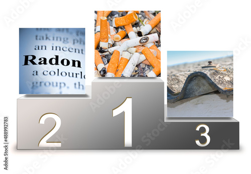 Cigarettes, radon gas, asbestos: the main causes of lung cancer - concept with podium of the winners