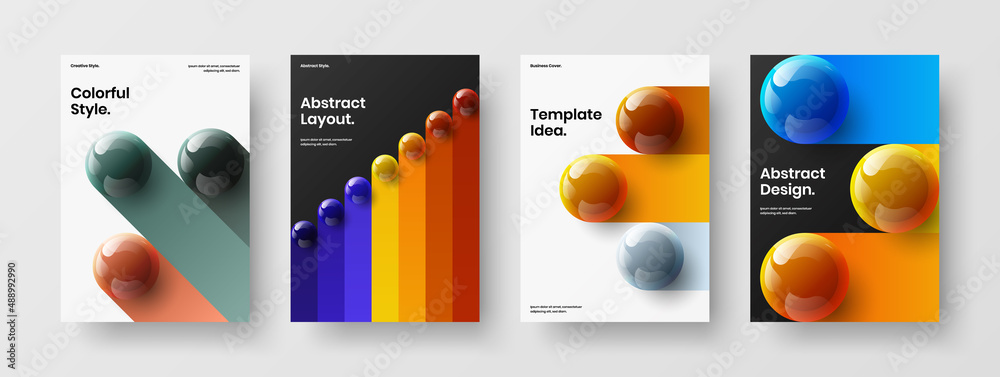 Original front page design vector layout collection. Trendy realistic spheres corporate cover illustration bundle.