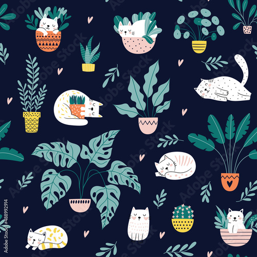 Vector seamless pattern with potted flowers and cats. Cute and cozy repeat background. Perfect for kids design, fabric, wrapping, wallpaper, textile, apparel