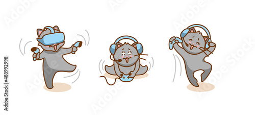 Naughty cat playing video games. Joystick, game console. Stickers, avatar icon. Vector.