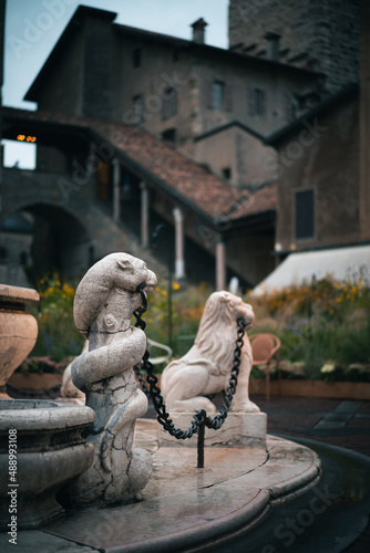 Decorative columns on a square of Citta Alta in Bergamo