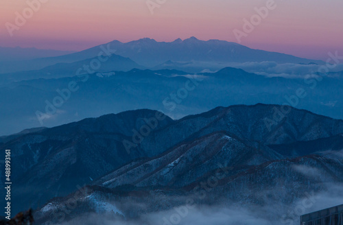 雪景色の三つ峠から夕方の八ヶ岳