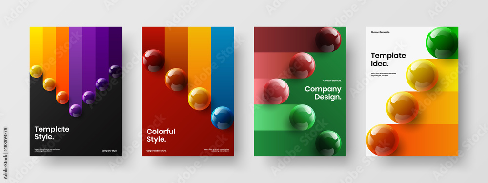 Abstract corporate brochure A4 vector design layout set. Amazing 3D balls presentation concept composition.