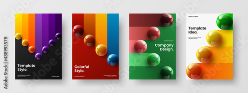 Abstract corporate brochure A4 vector design layout set. Amazing 3D balls presentation concept composition.