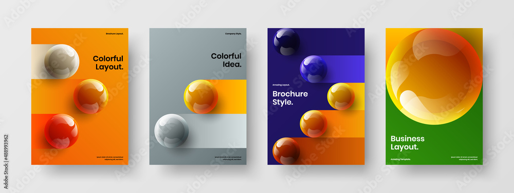Simple company brochure vector design template set. Trendy realistic spheres catalog cover layout bundle.