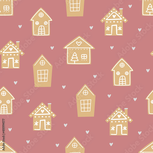 Seamless pattern with Christmas gingerbread cookies - cute house. Cute winter holiday vector design xmas background.