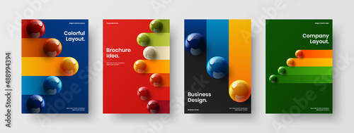 Isolated catalog cover A4 design vector illustration set. Modern 3D spheres pamphlet template bundle.
