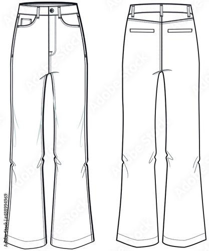 Women Boot Cut Denim, Flared denim, Jeans Front and Back View fashion illustration vector, CAD, technical drawing, flat drawing.
