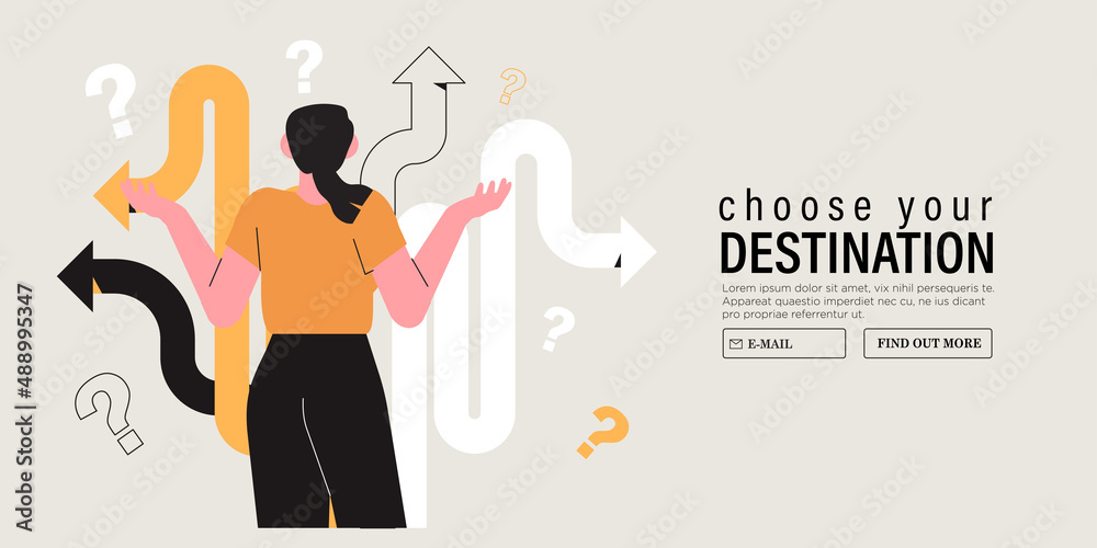 Business decision making, career path, work direction or choose the right way to success concept, confusing woman or student looking at crossroad sign with question mark and think which way to go. - obrazy, fototapety, plakaty 