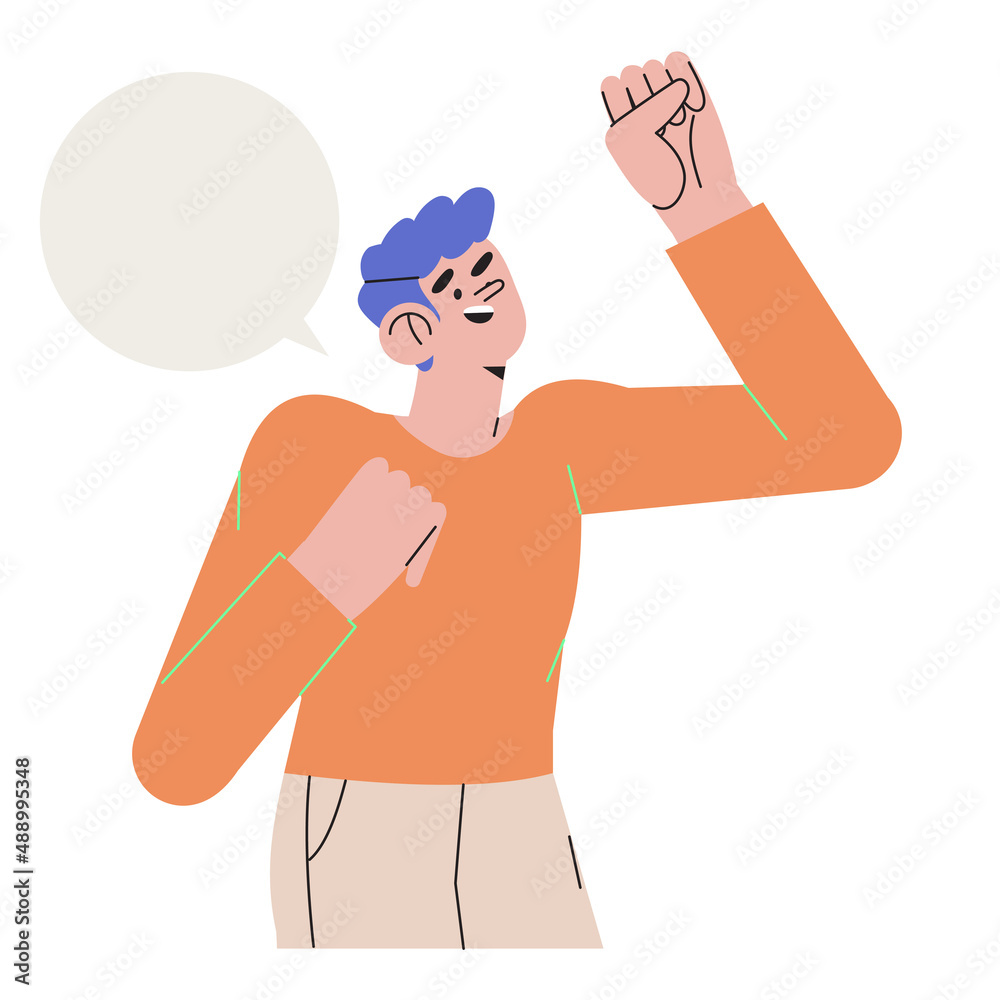 Business people, students, employees cheer up with fists up gesture and smile. Cheerful happy character support, encourage or motivate friend, colleague or coworker. Vector illustration.