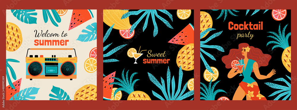 Illustration set for summer beach party banner with girl drinking cocktail, retro tape recorder and tropical fruits and plants.