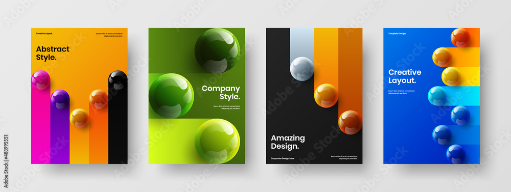 Multicolored poster vector design template collection. Modern 3D spheres journal cover layout bundle.