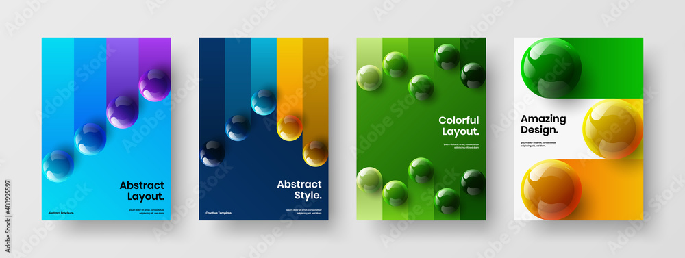 Creative cover A4 vector design concept collection. Clean realistic balls booklet layout set.