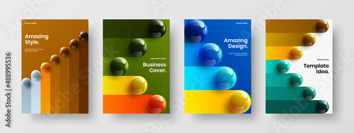 Abstract placard A4 design vector layout set. Vivid realistic balls booklet concept bundle.