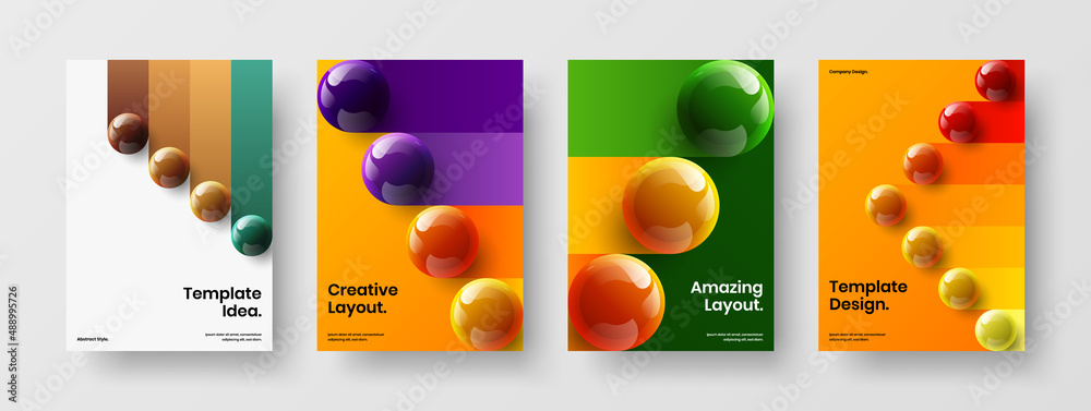 Trendy leaflet design vector layout collection. Colorful 3D balls annual report illustration set.