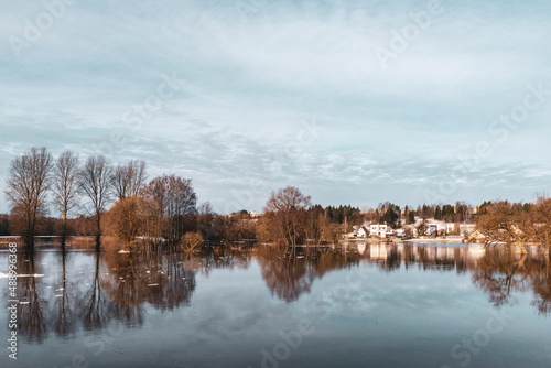 Landscape of early spring with naked and flooded trees