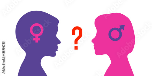 Problem of gender choice for person in modern society. Silhouette profile boy and girl. Multicultural multigender society. Friendship and relationships between people. Diversity gender, choice matter