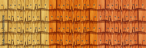 Set old wooden roof, shingles cover from planks with nails, ui game background, seamless pattern in cartoon style isolated. Detailed, textured material. 