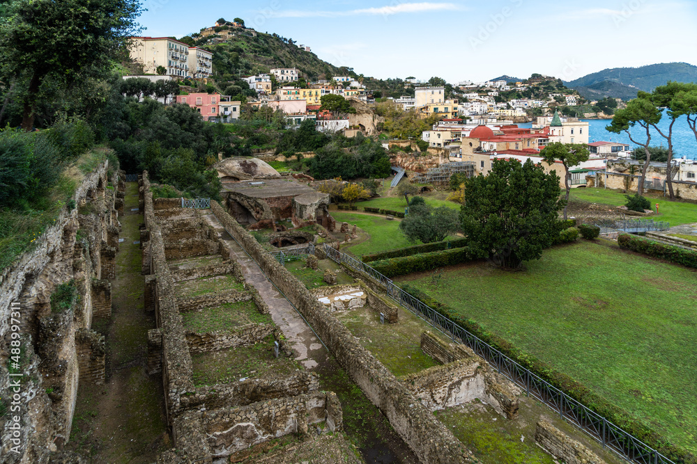 View of Baia archaeological site near Naples, Italy. Baia was a roman town famous for its thermal baths