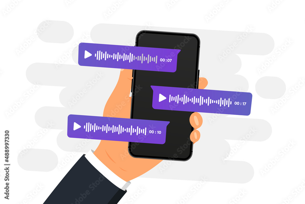 Smartphone with voice messages on screen . Voice and audio messages. Modern communication in messenger. Online chat. Social media design concept. Mobile phone with chat app and voice messages bubbles
