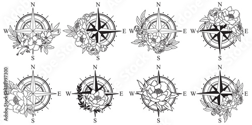 Vector hand drawn line art compass with flowers