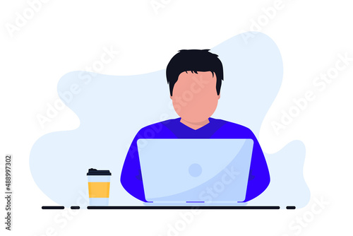 Man freelancers at his desk is working on the laptop and drinking coffee. Freelance job concept. Developing programming and coding technologies. Remote work, e-learning, home office, online career