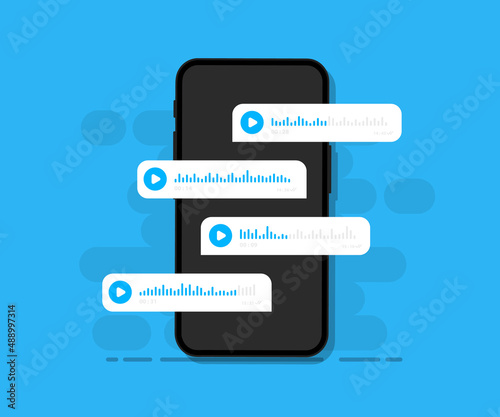 Smartphone with voice messages on screen . Voice and audio messages. Modern communication in messenger. Online chat. Social media design concept. Mobile phone with chat app and voice messages bubbles photo