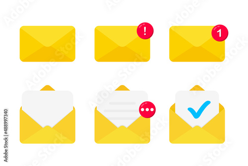 Set of icons with a mail envelope with different signs. Email notification. E-mail marketing. New incoming message, spam. Delivery of correspondence or office documents in an envelope