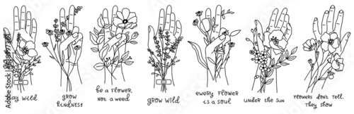 Vector line art hand with bouquet of flowers